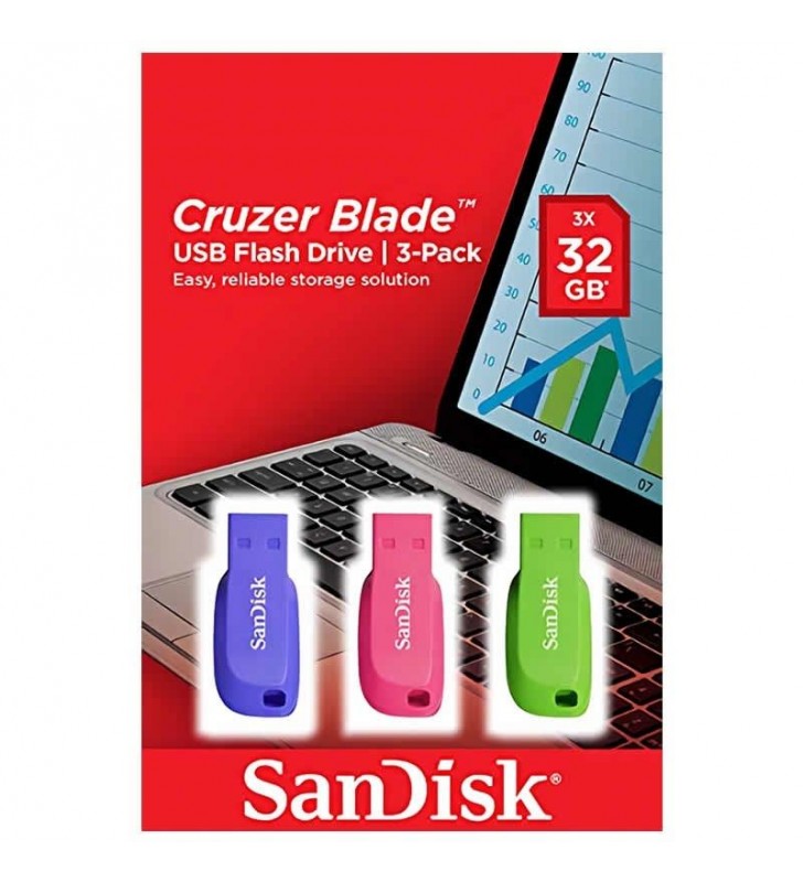 PACK 3 PENDRIVES SANDISK CRUZER BLADE 32GB - USB 2.0 - COLORES AZUL / ROSA / VERDE