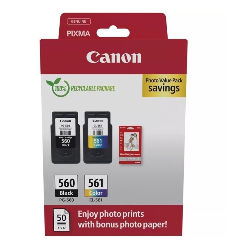 Cartucho de Tinta Original Canon PG-560 + CL-561 Multipack/ Negro/ Tricolor + Papel Fotográfico