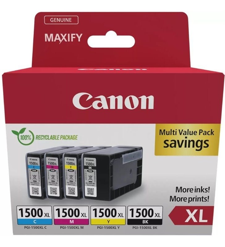 Cartucho de Tinta Original Canon PGI-1500XL Multipack Alta Capacidad/ Cian/ Magenta/ Amarillo/ Negro