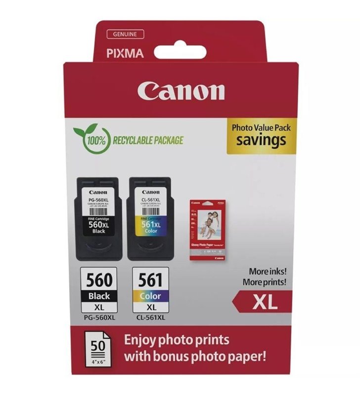 Cartucho de Tinta Original Canon PG-560XL + CL-561XL Multipack Alta Capacidad/ Negro/ Tricolor + Papel Fotográfico