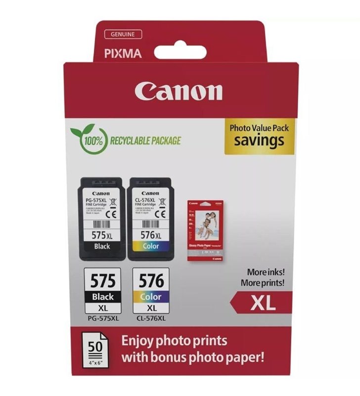 Cartucho de Tinta Original Canon PG-575XL + CL576XL Multipack Alta Capacidad/ Negro/ Tricolor + Papel Fotográfico